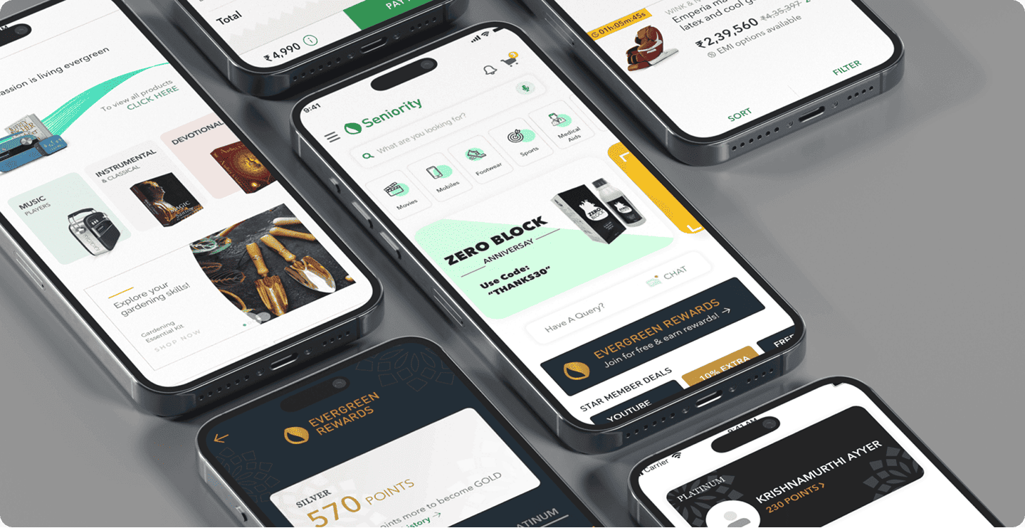 Feelpixel- Seniority mobile app for senior citizens UI design-case study