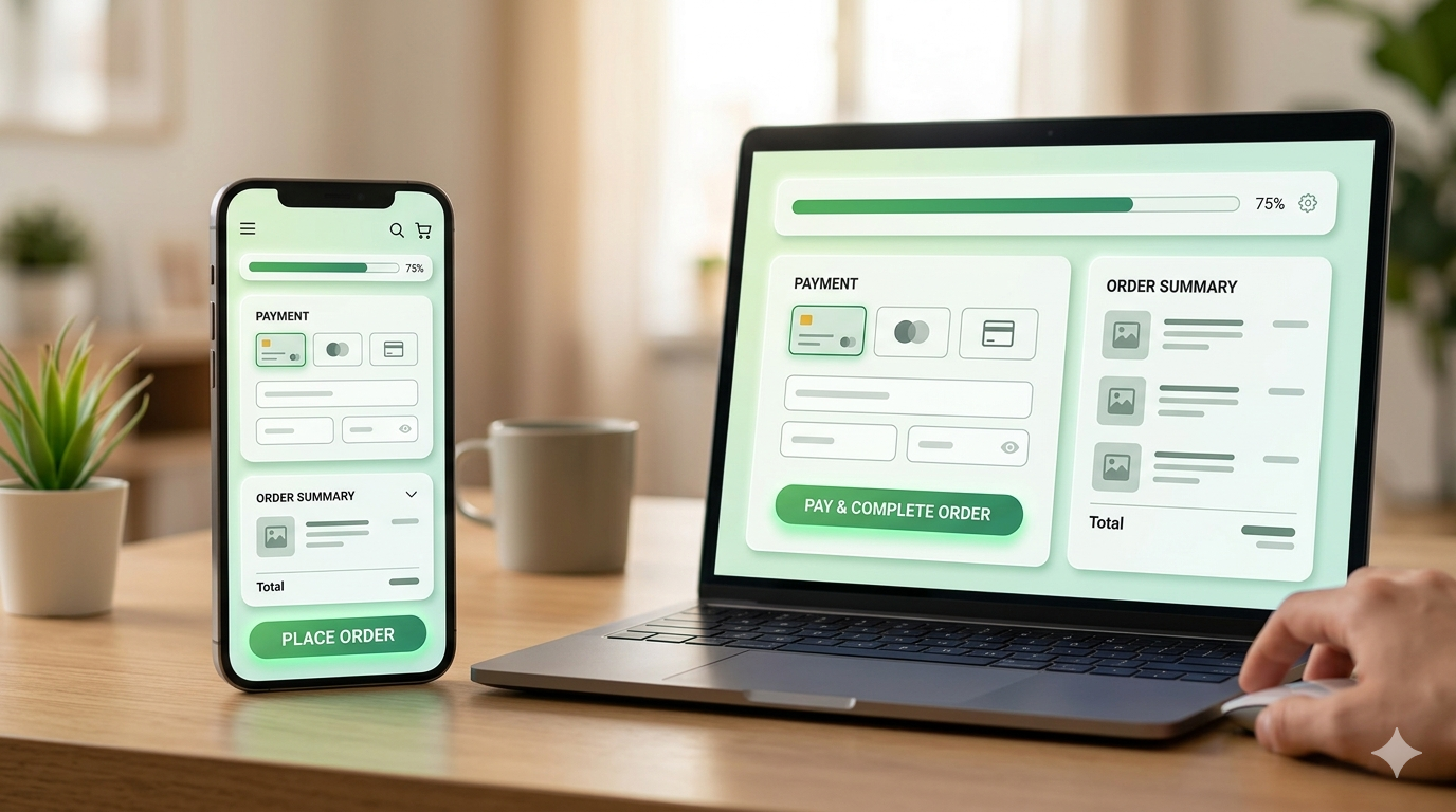 A smartphone and laptop on a wooden desk displaying a clean, green and white e-commerce checkout interface. The screens show a progress bar, payment details, an order summary, and a prominent green button to place the order.