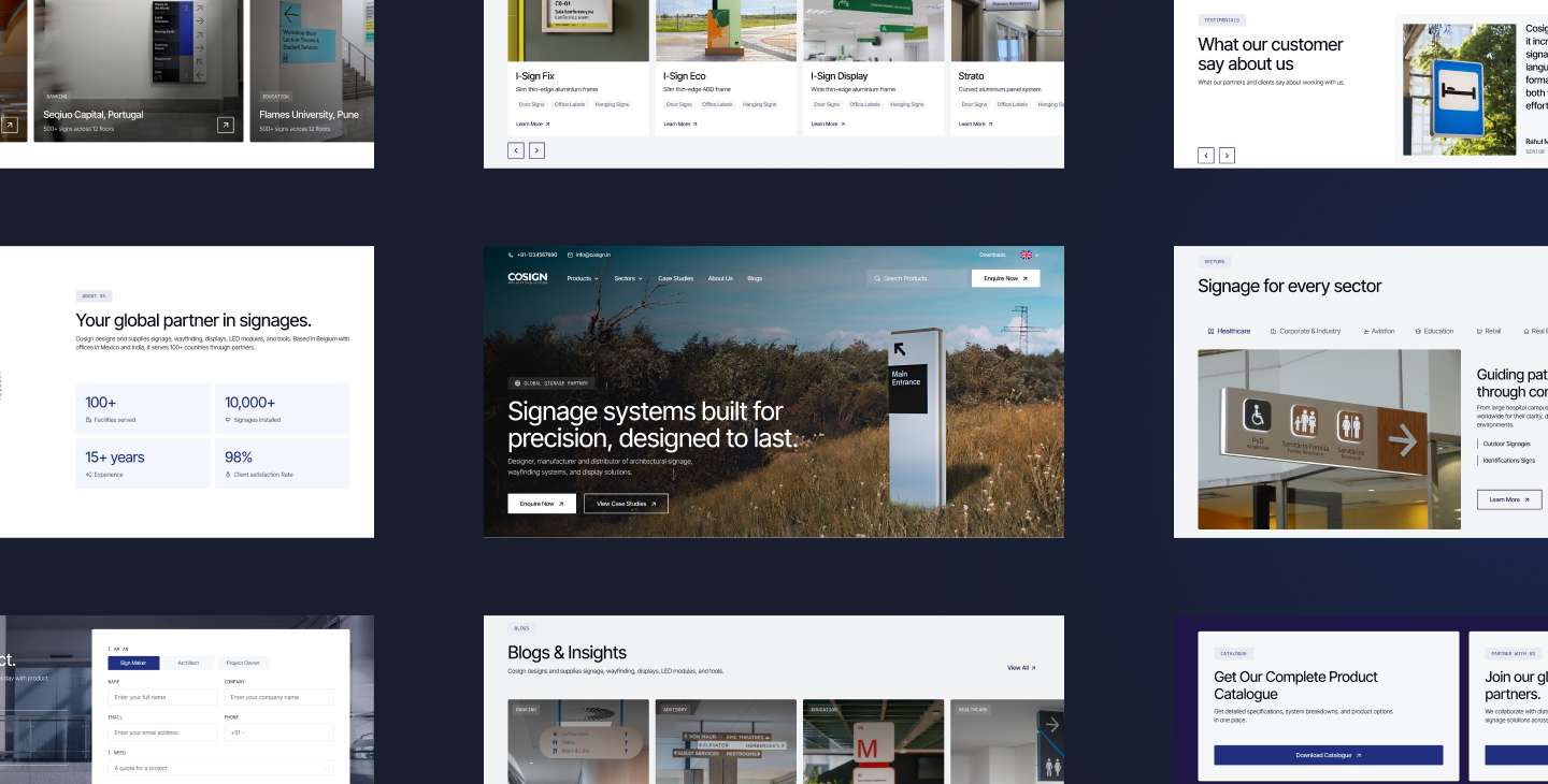 A collage-style screenshot of a signage company’s website homepage, showing multiple sections such as product cards, customer testimonials, sector examples, a large hero banner about signage systems, and catalog/download call-to-action panels.