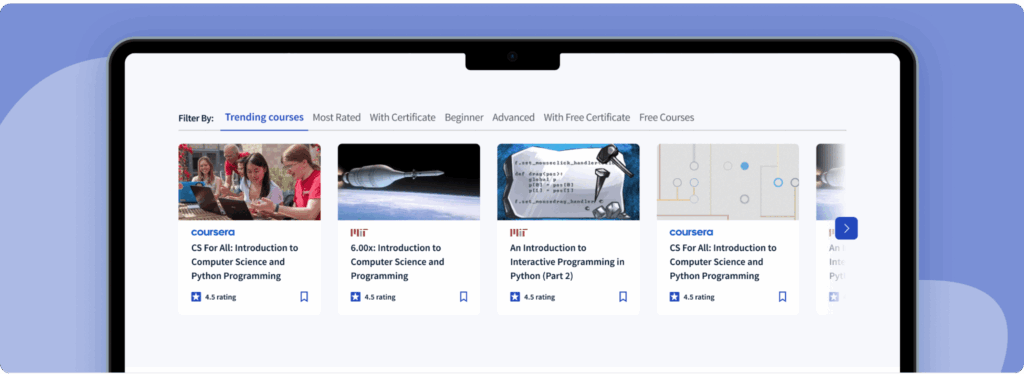 Class Central EdTech platform course discovery UI showing filtered trending online courses from Coursera and MIT including Introduction to Computer Science and Python Programming with ratings and bookmark options.