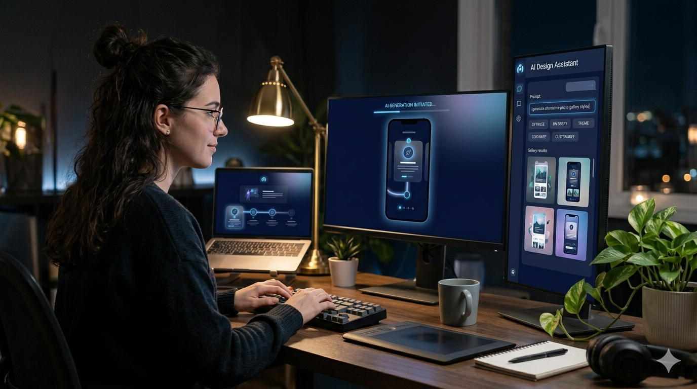 A woman wearing glasses types at a three-monitor desk at night. The central screen displays 'AI GENERATION INITIATED...' above mobile UI designs, while the vertical screen to the right shows an 'AI Design Assistant' interface with design options