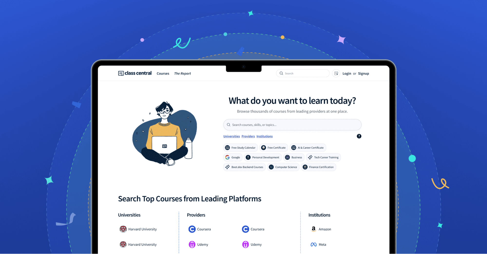 Class Central EdTech platform homepage UI showing course search, free study calendar, AI and career certificates, and top learning providers on a tablet screen.