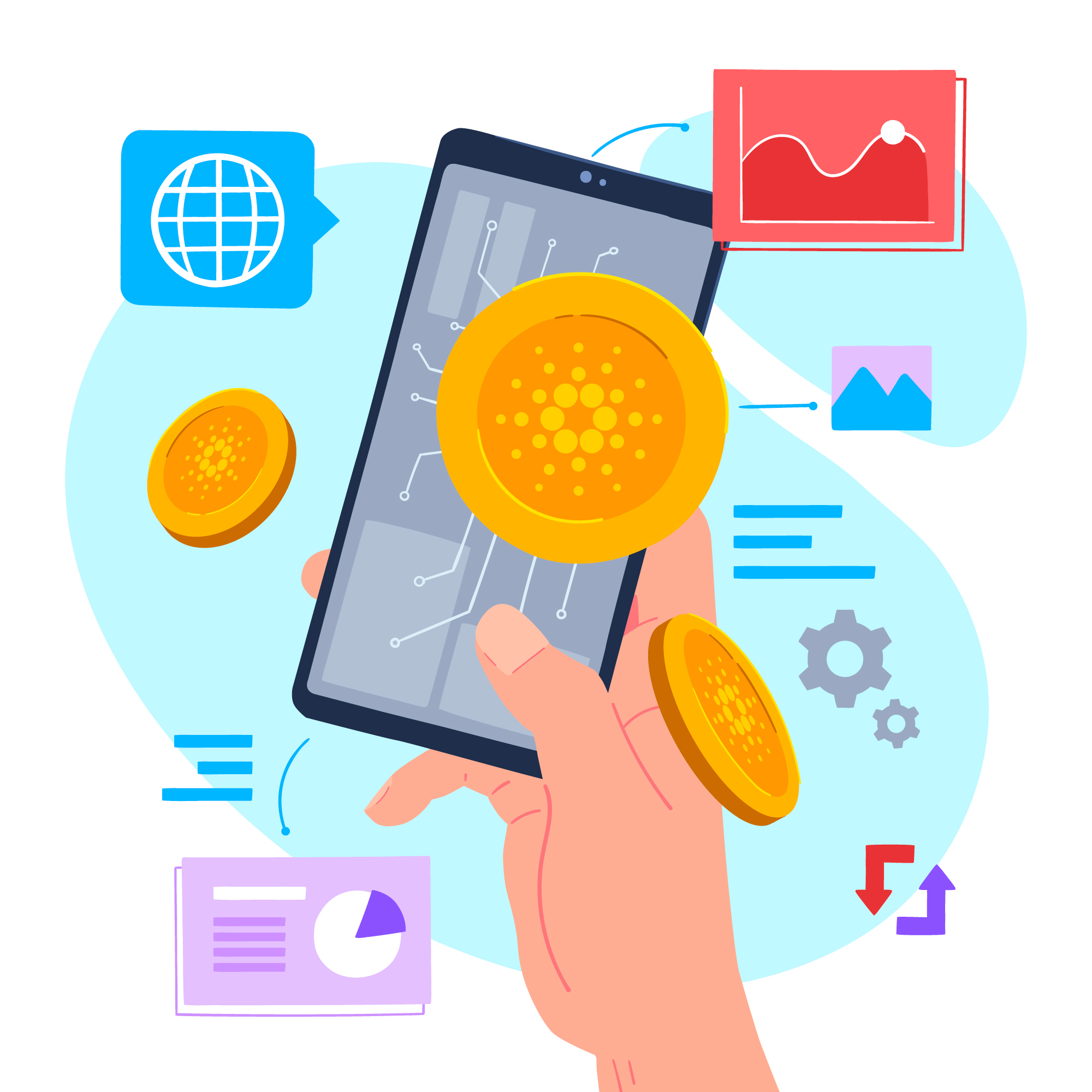 Fintech UX design illustration showing smartphone with banking app surrounded by financial data charts and analytics icons