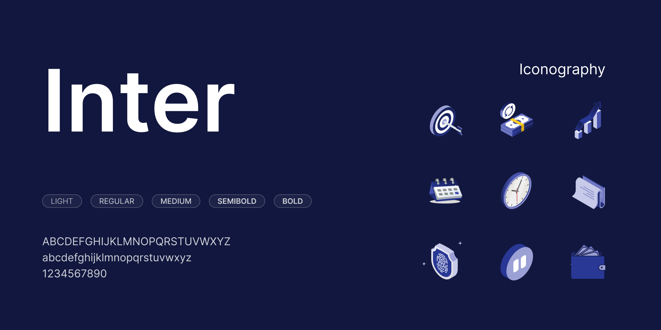 SpicePay design system showcasing Inter typography in five font weights and a set of financial iconography for payments, savings, growth, scheduling, security, and wallet management.