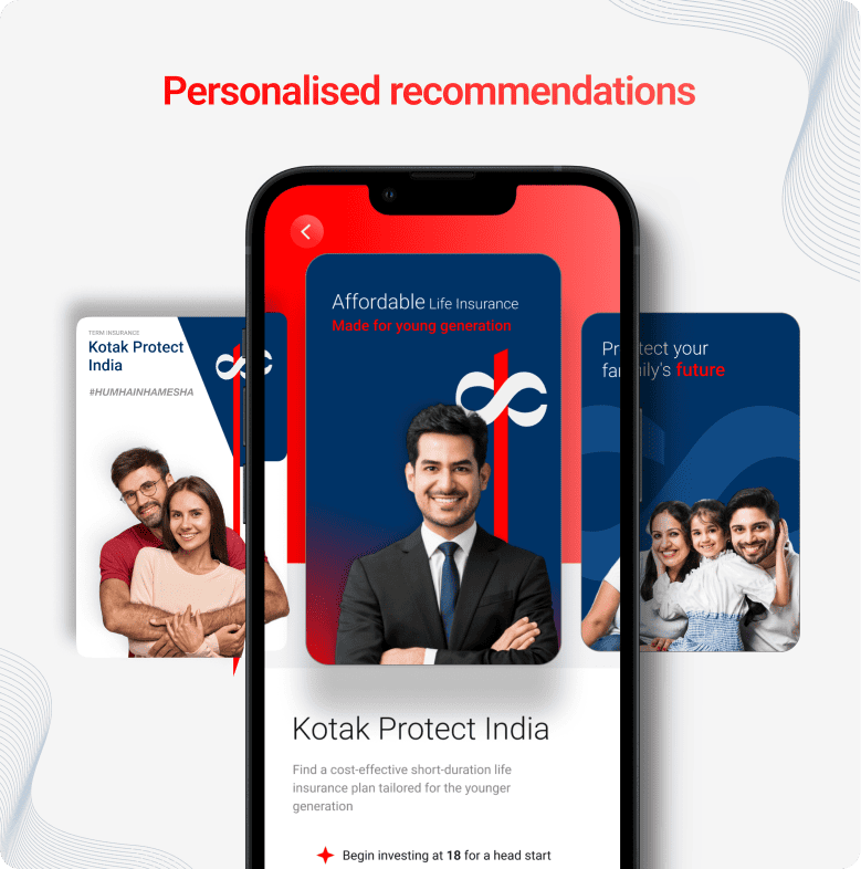 Kotak Life AI assistant showing personalised insurance recommendations based on user needs.