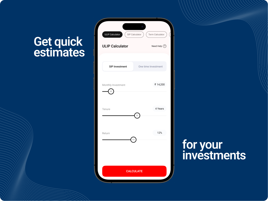 Kotak Life mobile calculator interface for estimating investment returns using SIP, ULIP, and term insurance calculators.