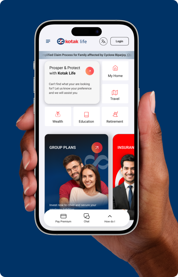 Kotak Life mobile website experience displayed on a smartphone, featuring insurance categories, group plans, premium payments, chat, and support options.