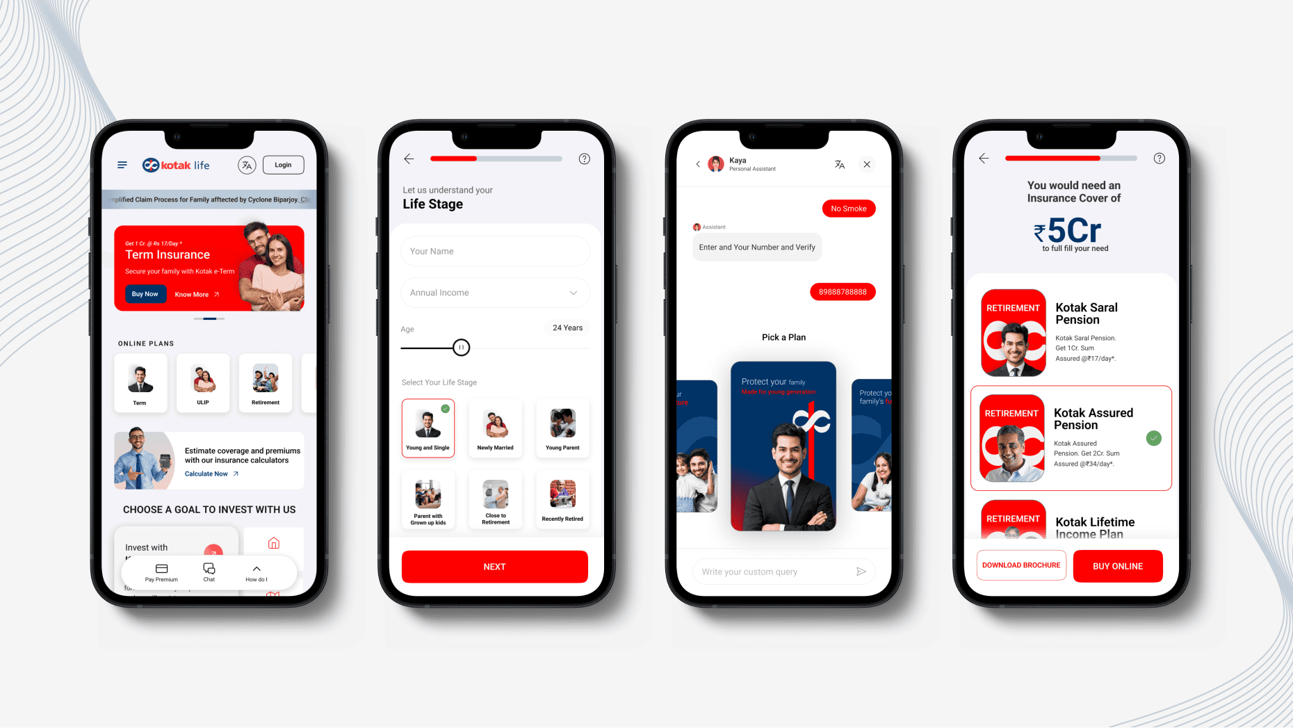 Kotak Life personalised insurance journey showing life-stage selection, AI assistance, and recommended insurance plans.