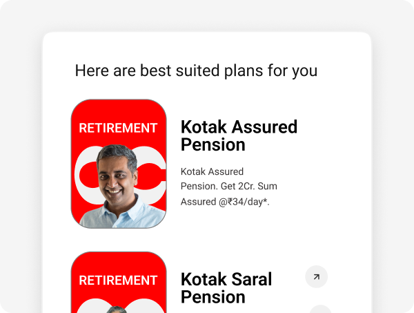 Kotak Life personalised recommendations showing suitable retirement plans, including Kotak Assured Pension.