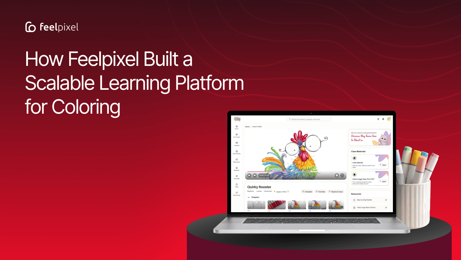 Laptop displaying a creative learning platform for coloring, with coloring markers beside it on a red background.