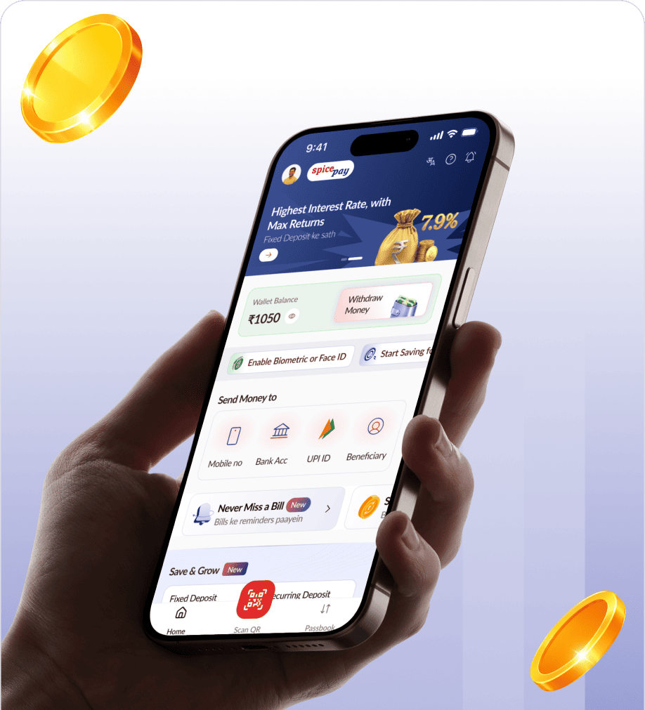 Spice Pay mobile banking app displayed on a smartphone, showing digital payments, money transfers, savings, and financial services.