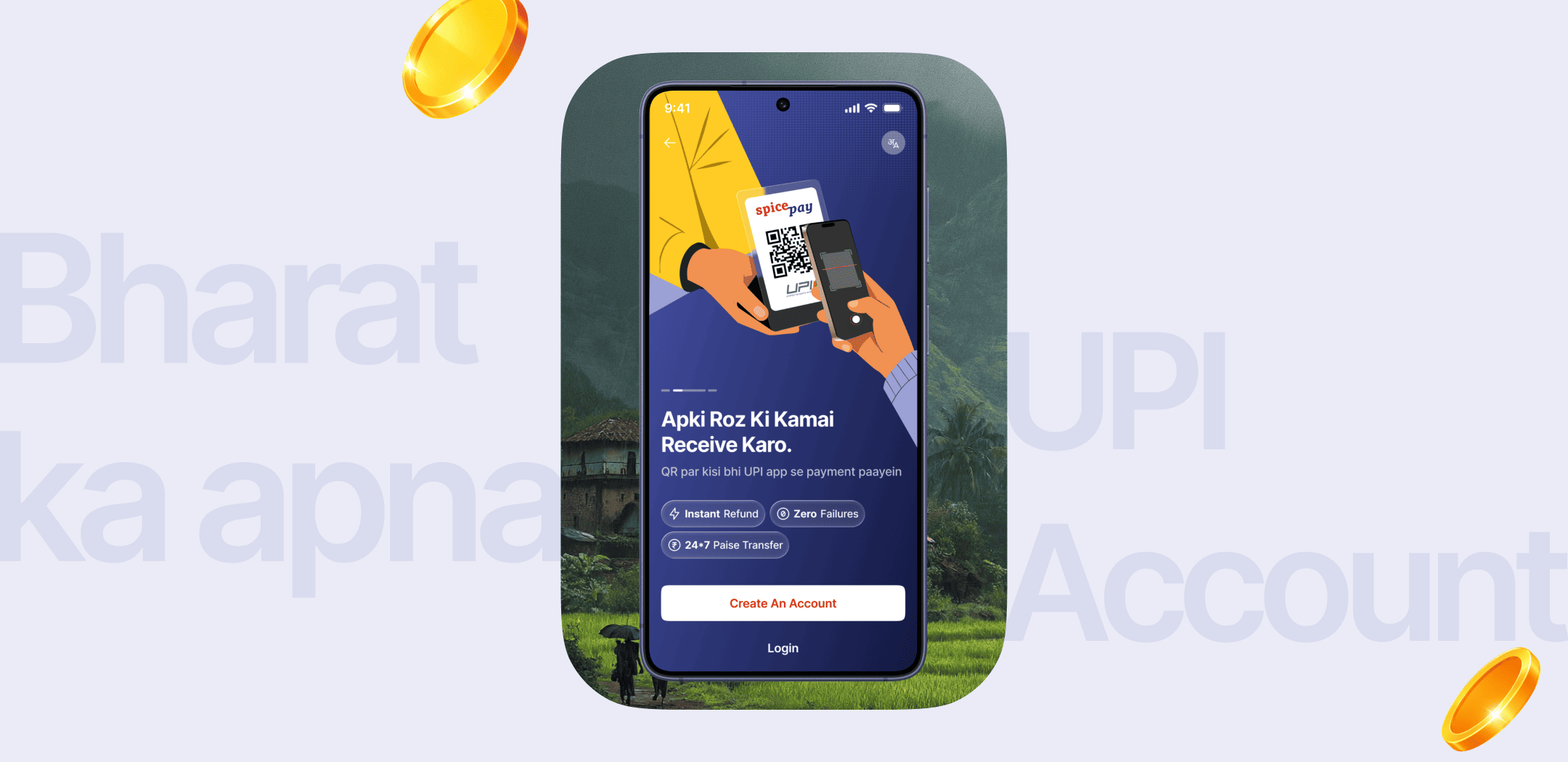 SpicePay mobile payment app interface showing a UPI payment onboarding screen with a QR code, payment features, and a “Create An Account” CTA, presented within a scenic visual.